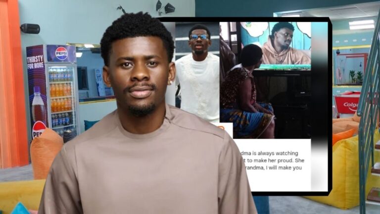 BBNaija Season 10 housemate Victory standing inside the Big Brother Naija house lounge, with an inset showing his grandmother watching him on TV at home and expressing pride.