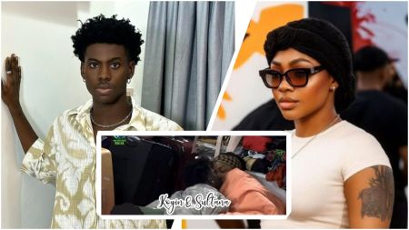 BBNaija Season 10 housemates Koyin and Sultana, with Koyin in a patterned shirt and Sultana in a beige top and black headwrap, alongside an inset showing them kissing in the Big Brother house.
