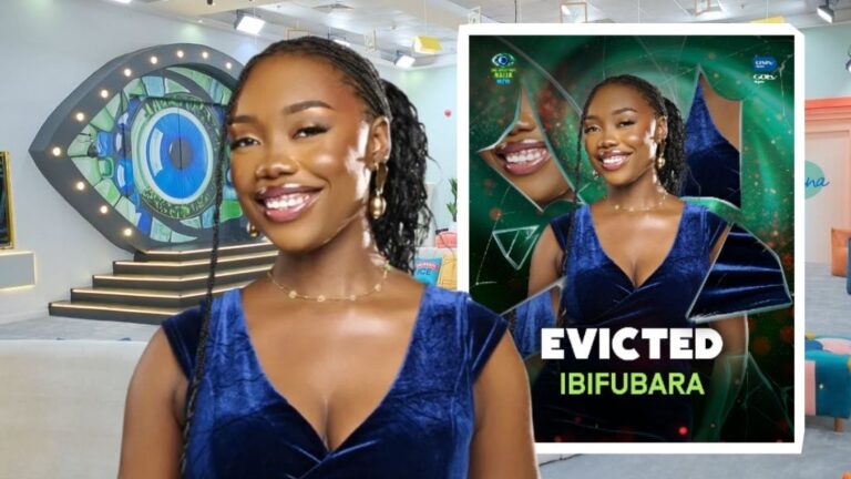 BBNaija Season 10 housemate Ibifubara in a blue velvet dress, with an inset graphic announcing her eviction from the show.