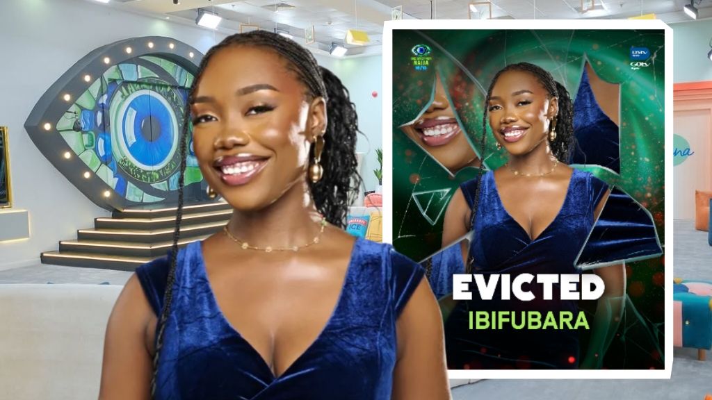 BBNaija Season 10 housemate Ibifubara in a blue velvet dress, with an inset graphic announcing her eviction from the show.