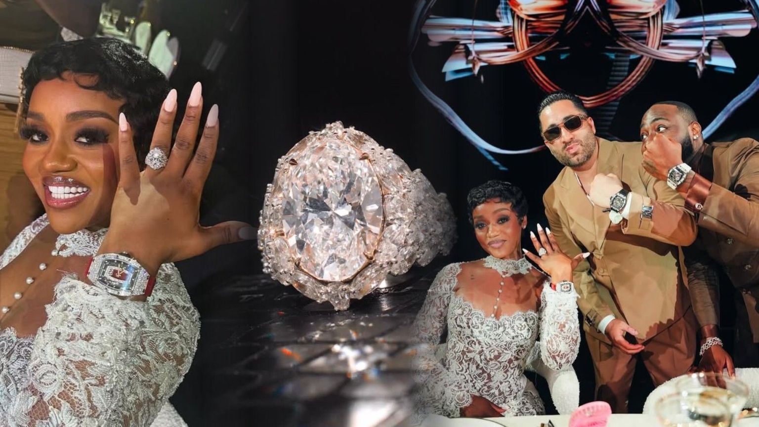 Chioma smiles and lifts her hand to showcase a large 10-carat GIA-certified diamond engagement ring valued at $950,000 and a Richard Mille watch; a close-up of the oval diamond appears at the center, and another shot shows Chioma posing with Davido and a jeweler, all flashing their wristwatches.