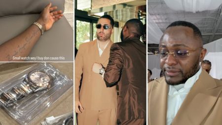 Collage showing a wrist wearing a silver and gold watch, a close-up of the watch in packaging, Benny the Jeweler with Davido in conversation, and Ubi Franklin in a beige suit looking down.