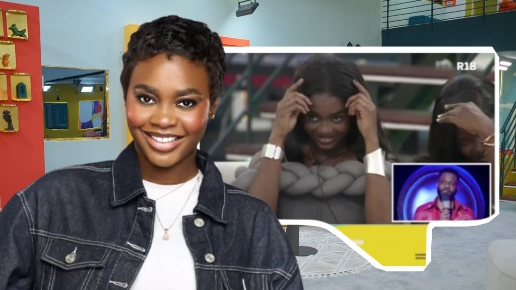 BBNaija Season 10 housemate Dede smiling in a denim jacket inside the Big Brother Naija house, with an inset showing Ebuka Obi-Uchendu during live eviction night alongside Dede’s reaction clip.