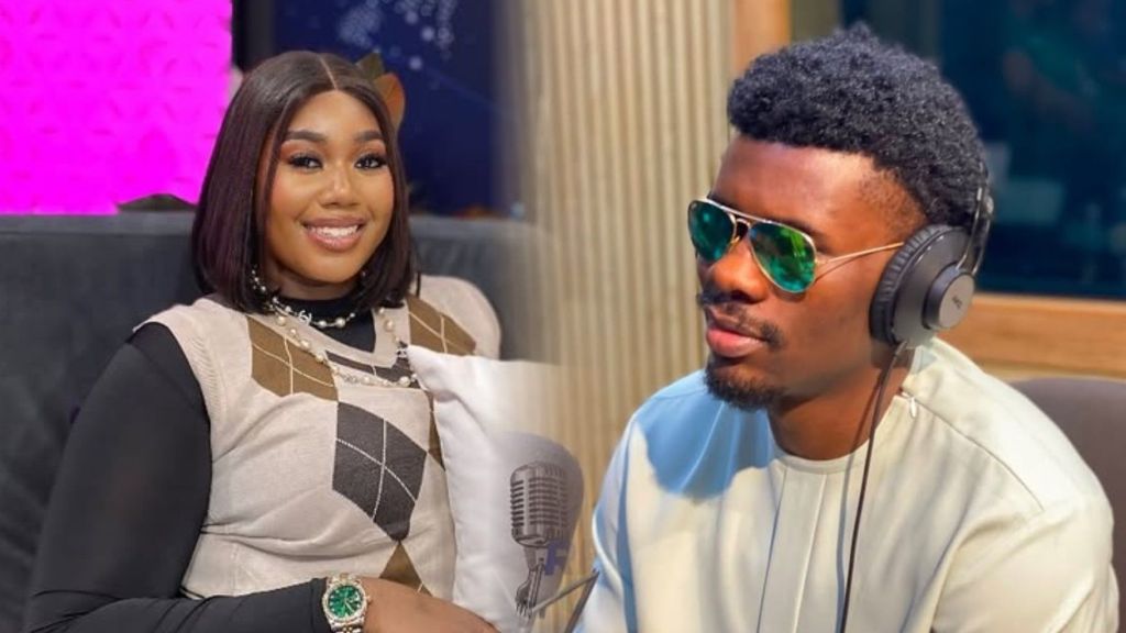 Big Brother Naija Season 10 stars Gigi Jasmine and Victory. Gigi is seated smiling in a stylish outfit with layered jewellery, while Victory wears headphones and sunglasses during what appears to be a media interview session.