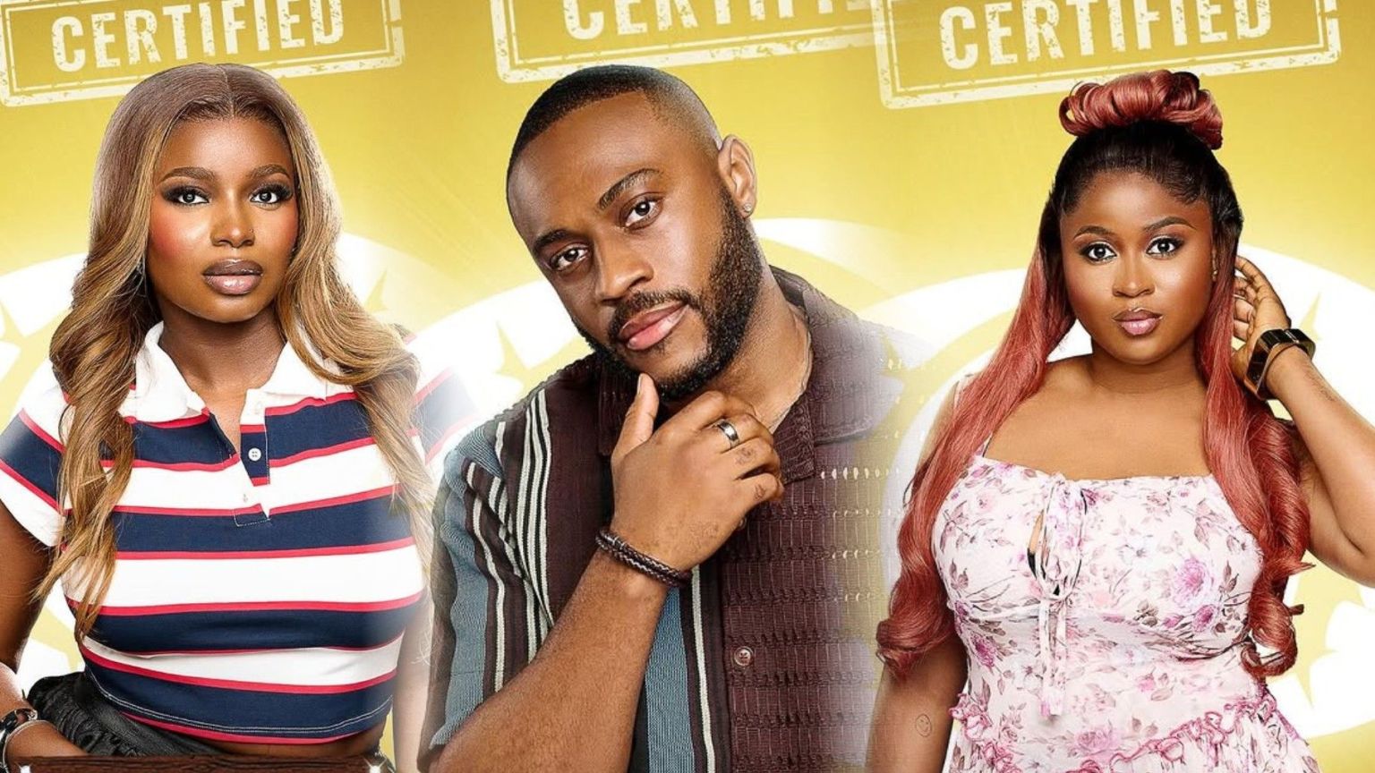 Big Brother Naija Season 10 housemates Isabella, Kola, and Imisi pose in their official certified portraits. Isabella is dressed in a striped crop top, Kola in a patterned brown shirt with a thoughtful pose, and Imisi in a floral dress with red-toned hair.