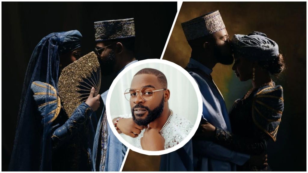 Nigerian rapper Falz shares intimate pre-wedding themed photos with his fiancée, both dressed in regal blue and gold outfits. The couple strikes romantic poses, including a forehead kiss and a close embrace, while Falz is also pictured in a separate portrait shot.