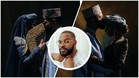 Nigerian rapper Falz shares intimate pre-wedding themed photos with his fiancée, both dressed in regal blue and gold outfits. The couple strikes romantic poses, including a forehead kiss and a close embrace, while Falz is also pictured in a separate portrait shot.