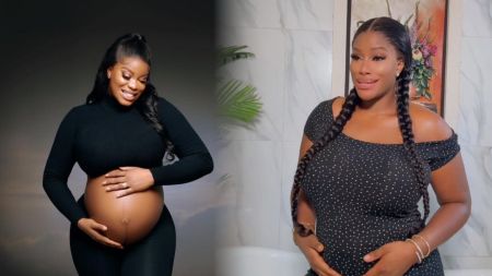 Big Brother Naija star Eriata Ese shows off her baby bump in two maternity photos. On the left, she wears a black fitted outfit, smiling while cradling her bare belly. On the right, she poses in a black polka-dot dress with two long braids, holding her bump with both hands.