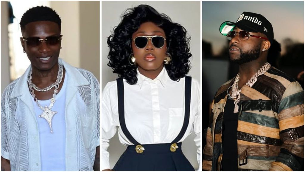 Nigerian music stars Wizkid, Gbemi Olateru-Olagbegi, and Davido pictured in stylish outfits and sunglasses, showcasing their distinct fashion sense.