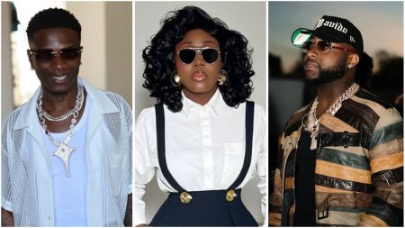 Nigerian music stars Wizkid, Gbemi Olateru-Olagbegi, and Davido pictured in stylish outfits and sunglasses, showcasing their distinct fashion sense.