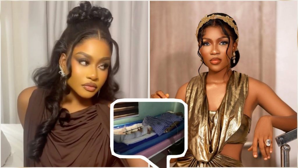 Nigerian reality TV star Phyna (left) poses in a brown dress, while her sister Ruth Otabor (right) looks elegant in a golden gown; an inset shows Ruth lying in a hospital bed with her leg bandaged.