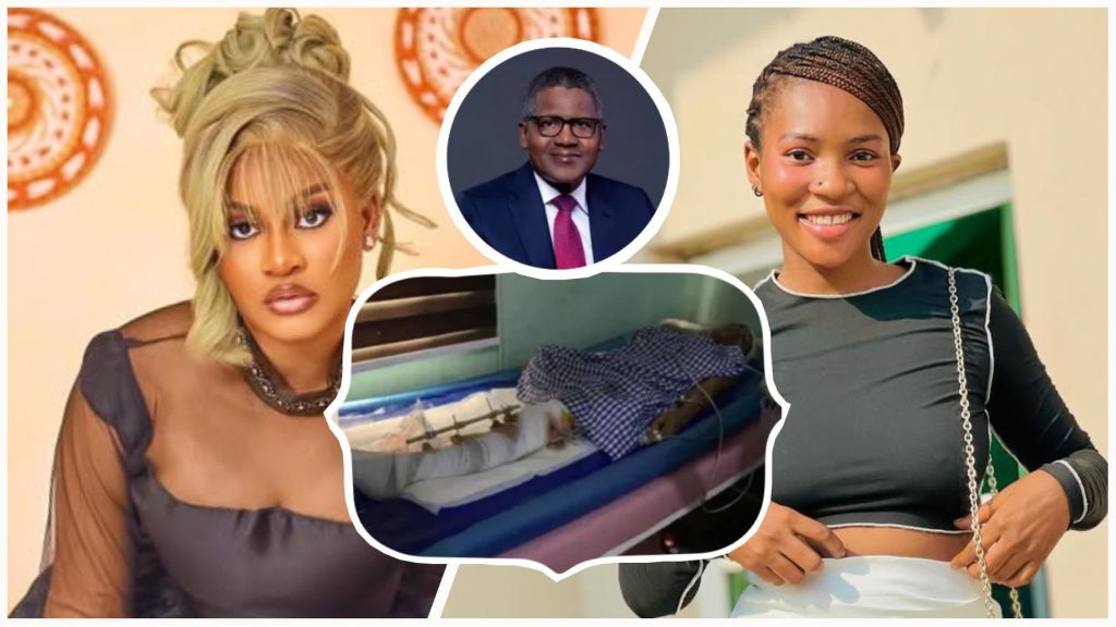 Collage showing BBNaija star Phyna in a sheer black dress, her sister Ruth smiling in a black crop top, Nigerian billionaire Aliko Dangote in a suit, and Ruth lying on a hospital bed with an amputated leg covered in a checkered cloth.
