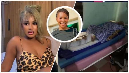 Collage showing BBNaija star Phyna in a leopard print dress, her sister Ruth smiling in an inset photo, and Ruth lying on a hospital bed with an amputated leg covered in a checkered cloth.