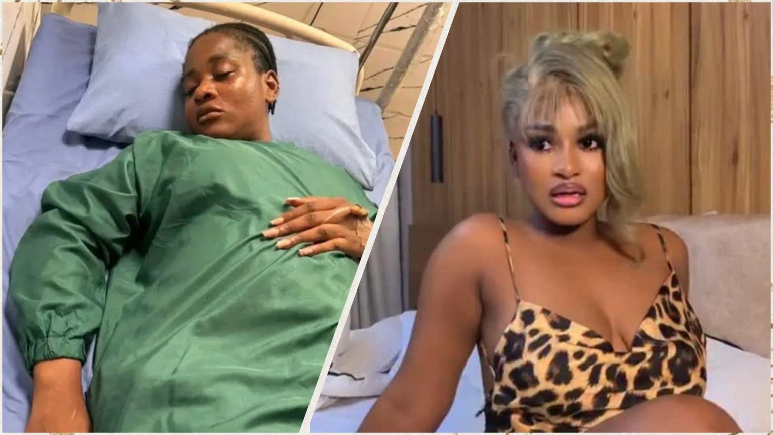 BBNaija star Phyna lies weak in a hospital bed wearing a green gown, while another photo shows her in a leopard-print dress sitting on a bed, looking concerned.