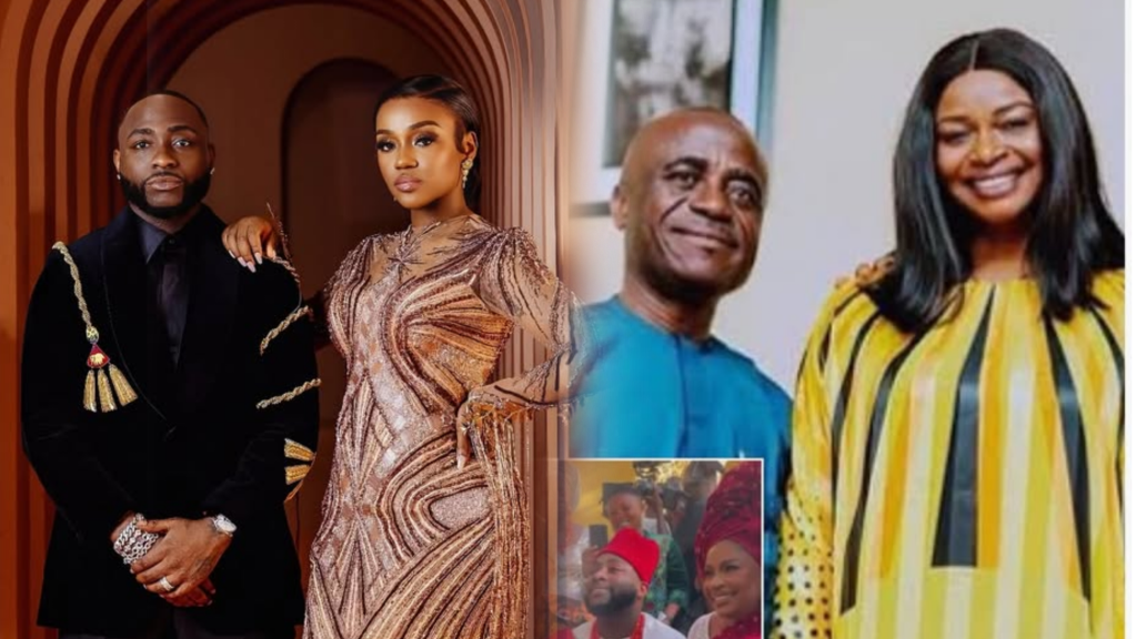 Collage showing Nigerian singer Davido with his wife Chioma in elegant outfits, posing against a stylish backdrop. Beside them are Chioma’s parents, smiling together, with her father in a blue traditional outfit and her mother in a yellow-and-black striped dress. An inset image shows Davido and Chioma dressed in traditional attire during a ceremony.