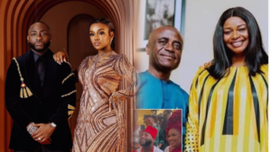 Collage showing Nigerian singer Davido with his wife Chioma in elegant outfits, posing against a stylish backdrop. Beside them are Chioma’s parents, smiling together, with her father in a blue traditional outfit and her mother in a yellow-and-black striped dress. An inset image shows Davido and Chioma dressed in traditional attire during a ceremony.