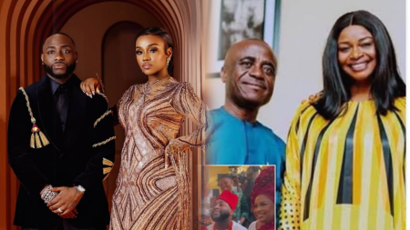 Collage showing Nigerian singer Davido with his wife Chioma in elegant outfits, posing against a stylish backdrop. Beside them are Chioma’s parents, smiling together, with her father in a blue traditional outfit and her mother in a yellow-and-black striped dress. An inset image shows Davido and Chioma dressed in traditional attire during a ceremony.