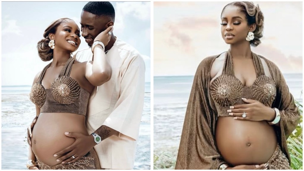 Priscilla Ojo and husband Juma Jux pose by the sea in Zanzibar during a throwback maternity shoot, with Priscilla cradling her baby bump.