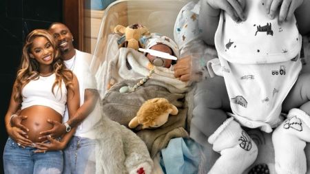 Priscilla Ojo and her husband Juma Jux are seen joyfully cradling her baby bump in a maternity shoot, while the collage also shows their newborn son, Prince Rakeem Ayomide Mkambala, resting in a hospital crib with a pacifier and soft toys beside him, and another close-up of the baby’s tiny feet in white mittens.