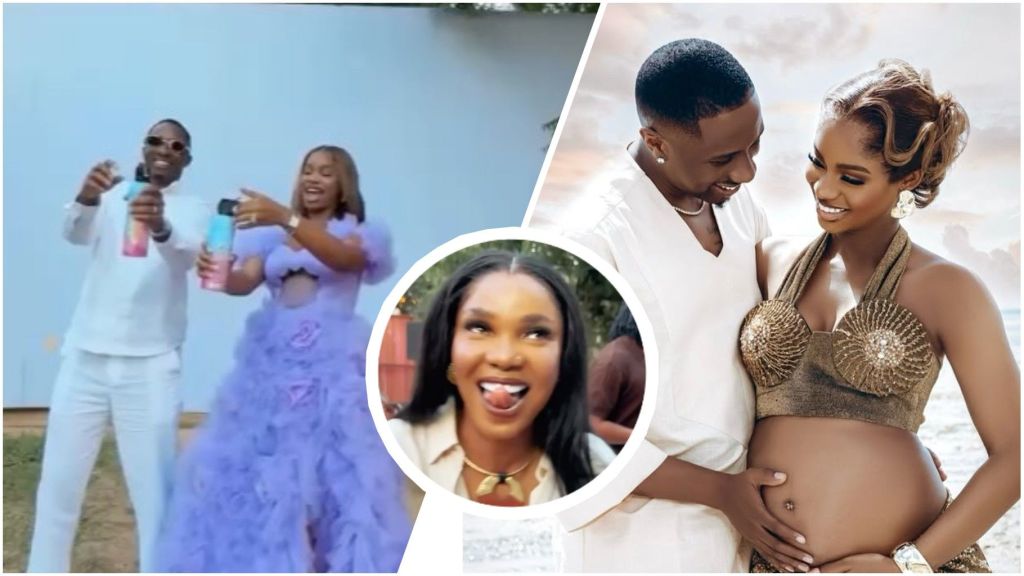 Priscilla Ojo and her husband Juma Jux hold colour cannons at a gender-reveal party; a side frame shows their beach maternity shoot, while an inset circle features Iyabo Ojo smiling at the event.