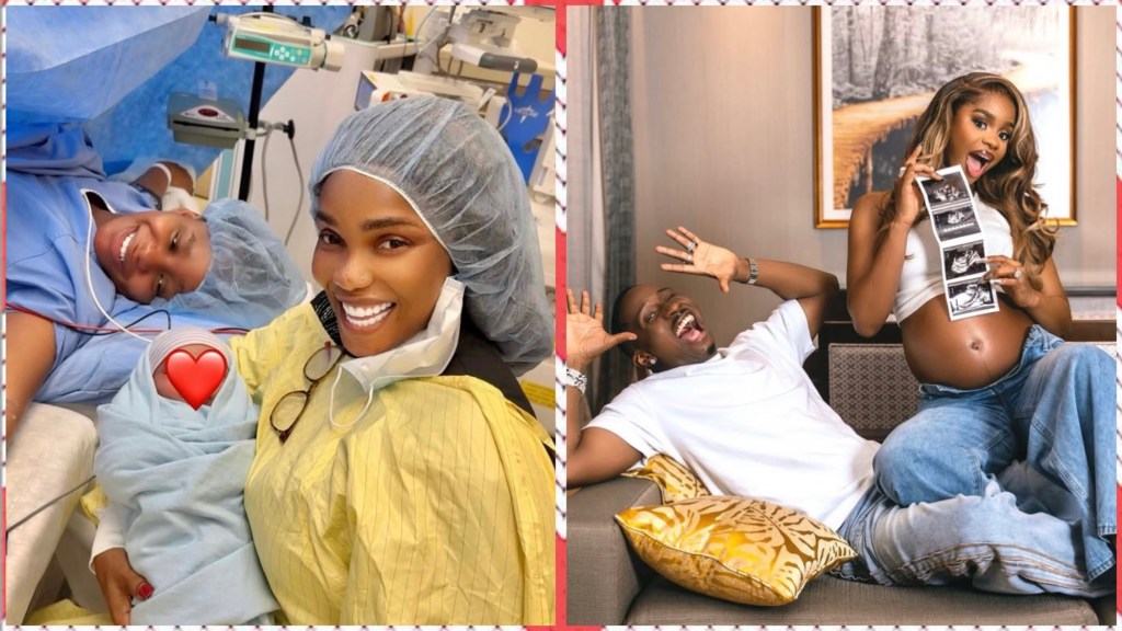 Iyabo Ojo smiling in scrubs holds a wrapped newborn next to Priscilla on a hospital bed; a red heart sticker hides the baby’s face