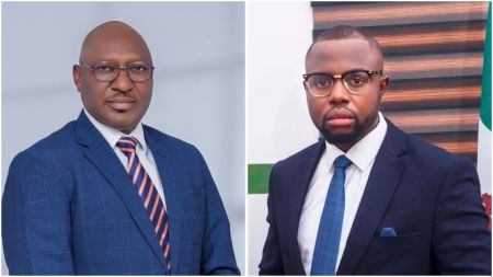 Side-by-side image of Prof. Paul Nnamchi and Hon. Raymond Ugwu. On the left, Prof. Nnamchi is dressed in a blue checkered suit with a striped tie, posing against a plain background. On the right, Hon. Ugwu wears a dark suit with a blue tie, standing in front of a Nigerian flag.