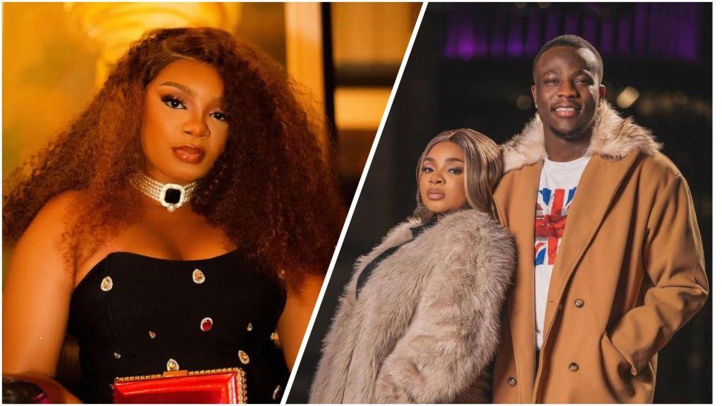 Nigerian reality TV star Queen Mercy Atang poses elegantly in a black dress, while in another frame she appears with her husband, both dressed in stylish winter coats.