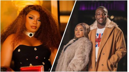 Nigerian reality TV star Queen Mercy Atang poses elegantly in a black dress, while in another frame she appears with her husband, both dressed in stylish winter coats.