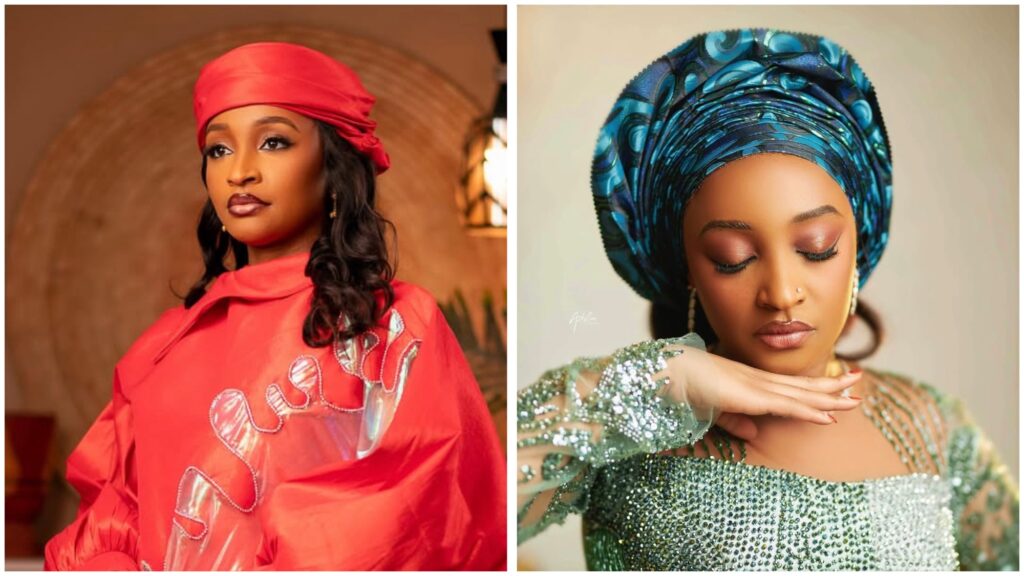 Rahama Sadau, one showing her in a red outfit with a matching headscarf, and the other in a green beaded dress with a blue patterned gele, eyes closed and hand raised gracefully.