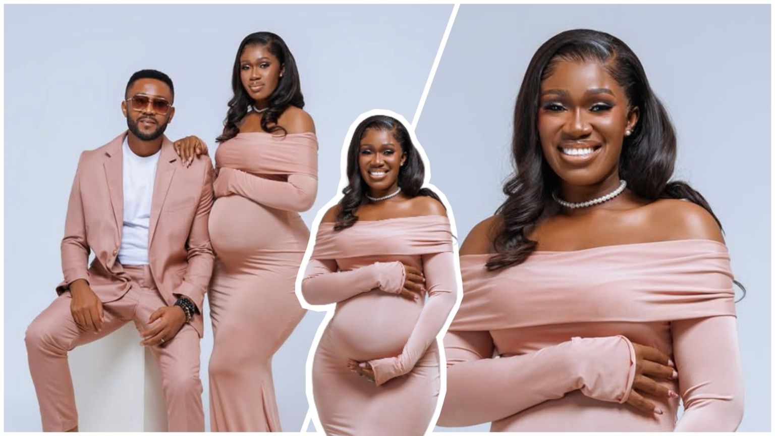 Nigerian comedian Real Warri Pikin poses in a maternity photoshoot with her husband, both dressed in matching blush pink outfits, as she proudly showcases her baby bump.