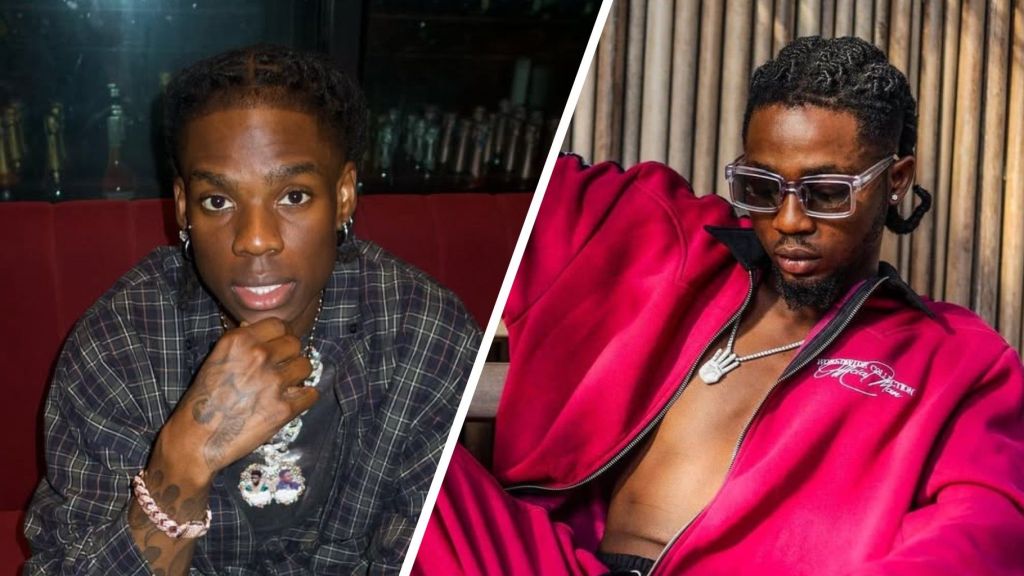 Rema sitting in a plaid shirt with his hand on his chin (left), and Omah Lay wearing sunglasses and a red open jacket while leaning back (right).