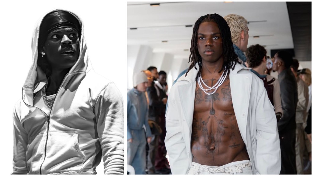 Rema wears a white hoodie and chain, looking away in a dramatic black-and-white shot. Shirtless Rema in white pants and coat at a fashion event, showing tattoos and pearls.