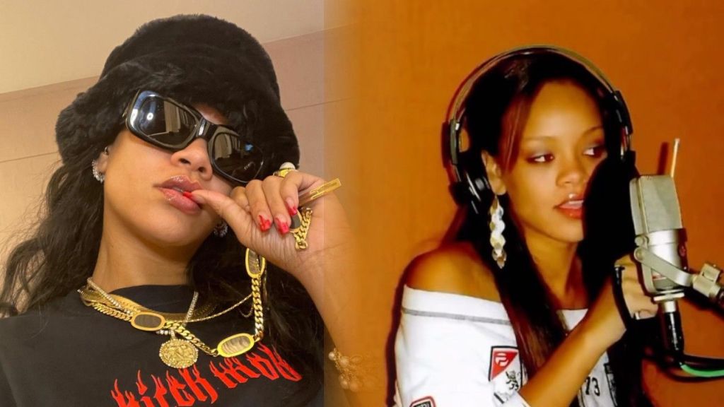 Side-by-side photos of Rihanna, left wearing a black fur hat, dark sunglasses, layered gold chains, and a black T-shirt with red lettering, playfully biting her finger; right shows a younger Rihanna in a recording booth with headphones, large earrings, and an off-shoulder white top, singing into a microphone.