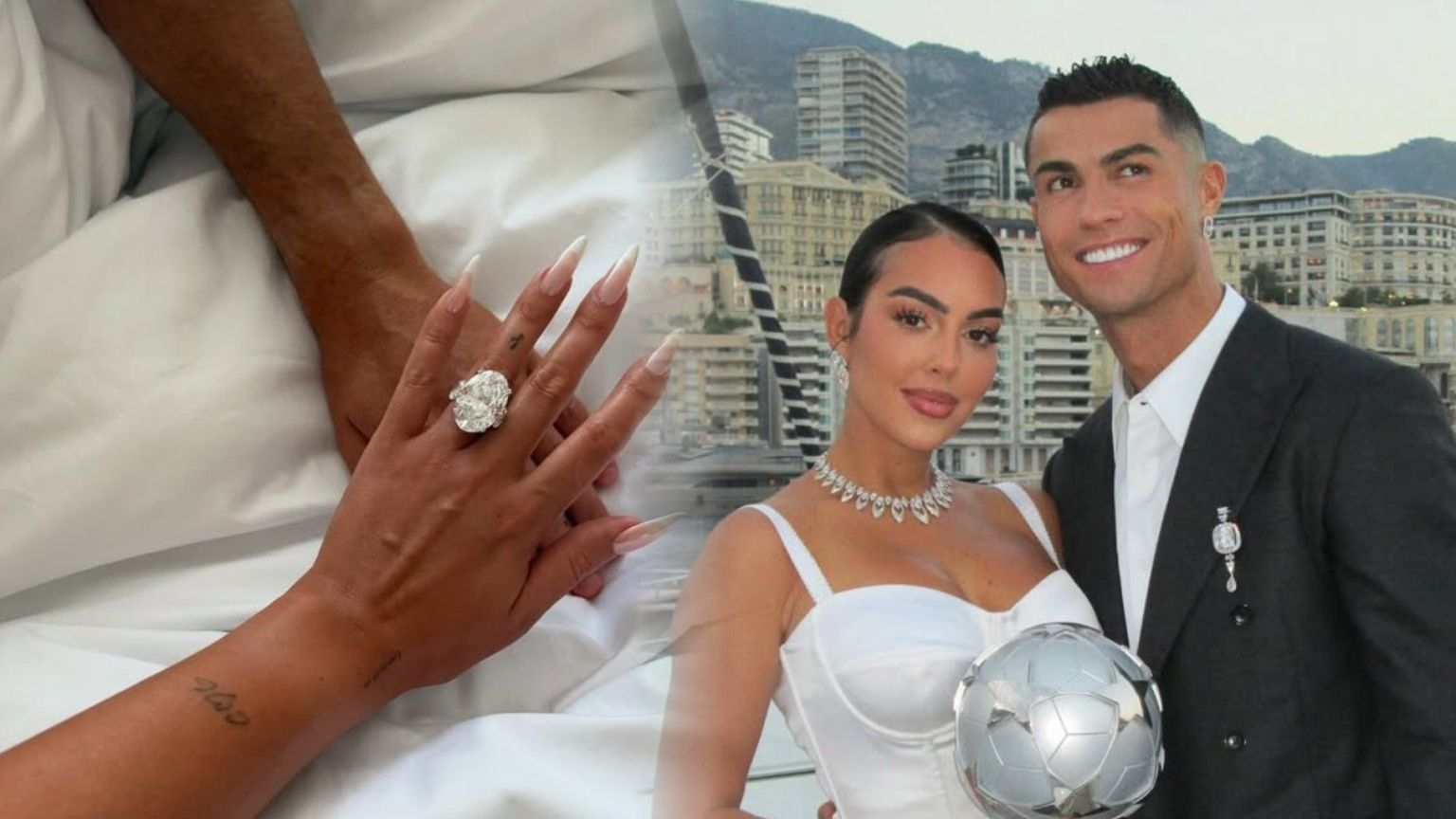 Close-up of Georgina Rodríguez’s hand wearing a large oval-cut diamond engagement ring while holding Cristiano Ronaldo’s hand, alongside a photo of the couple smiling together in Monaco, with Georgina in a white dress holding a silver football trophy and Ronaldo in a dark suit.