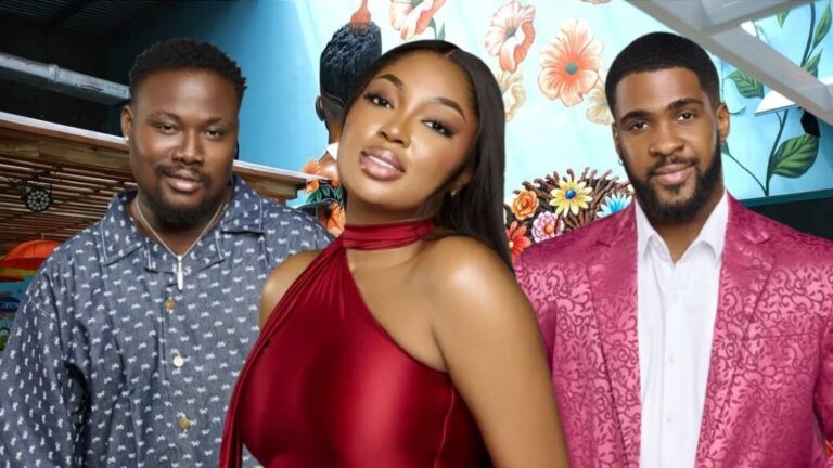 BBNaija Season 10 housemates Rooboy, Mide, and Bright Morgan pose in style against a floral-themed backdrop inside the Big Brother house.