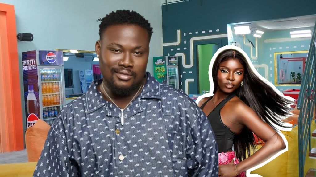 BBNaija Season 10 housemates Rooboy and Zita pose inside the Big Brother Naija house. Rooboy is dressed in a patterned button-up shirt, while Zita stands behind him in a sleek black top with flowing hair.
