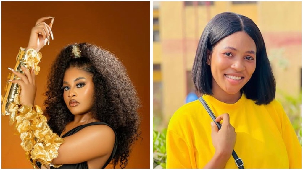 Phyna with voluminous curly hair and gold floral sleeves poses against an orange backdrop; right, Ruth in a bright yellow top stands outdoors holding a black strap bag