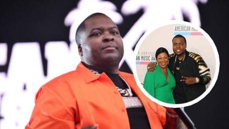Sean Kingston wearing an orange jacket on stage, with an inset photo of him posing on the red carpet with his mother, Janice, at an event.