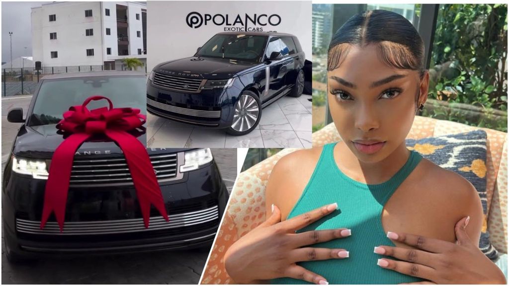 Collage showing influencer Sophia Egbueje on the right, posing indoors in a green top. On the left are images of a black Range Rover SUV, including one with a large red bow and another inside a showroom with the Polanco Exotic Cars logo visible.