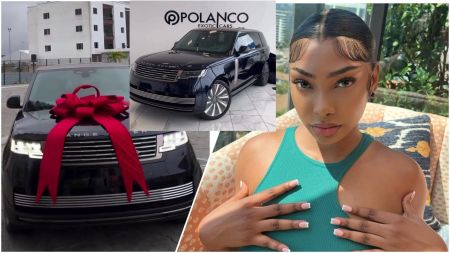 Collage showing influencer Sophia Egbueje on the right, posing indoors in a green top. On the left are images of a black Range Rover SUV, including one with a large red bow and another inside a showroom with the Polanco Exotic Cars logo visible.