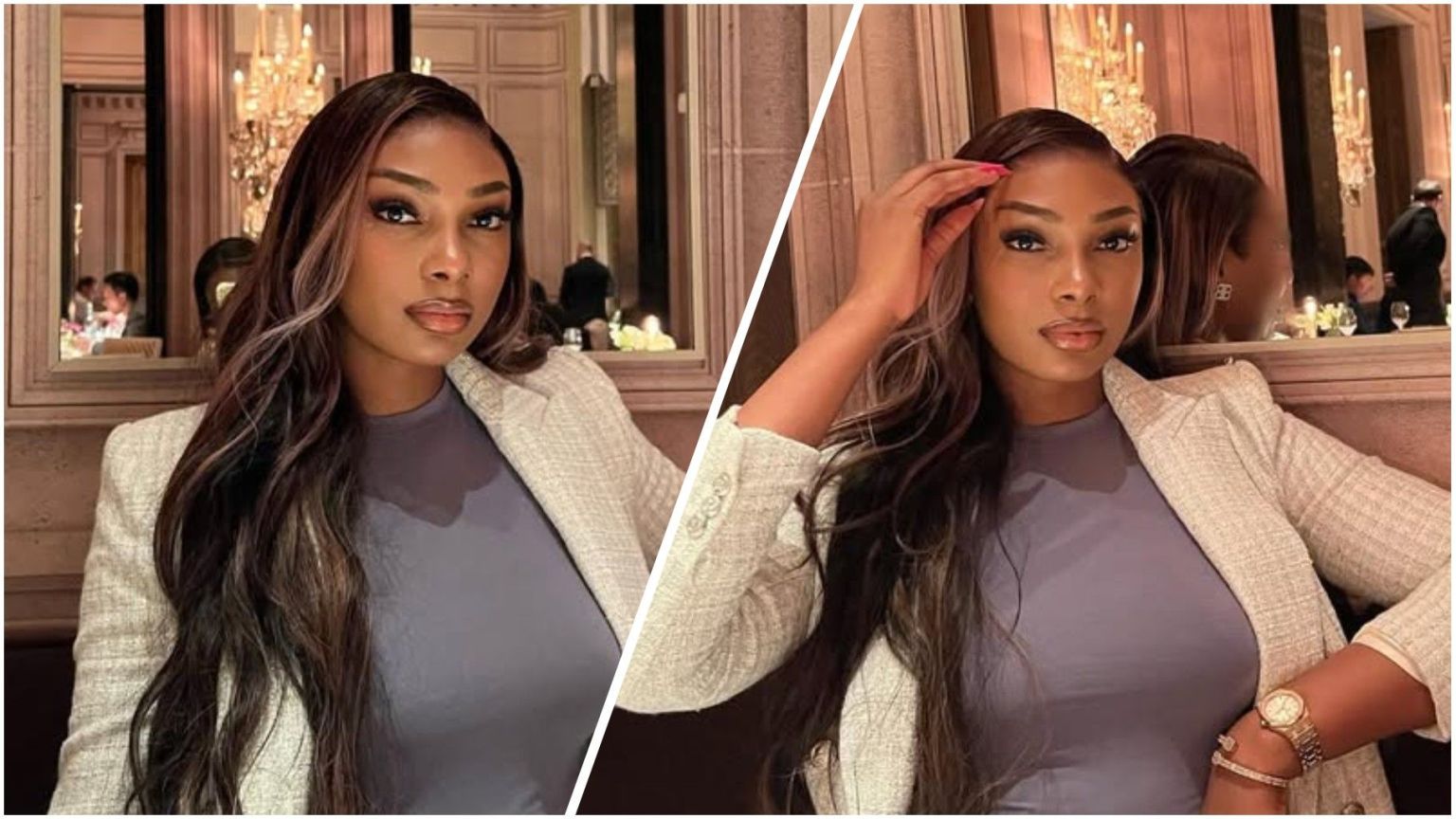 Nigerian model and lifestyle influencer Sophia Egbueje poses elegantly in a chic setting, wearing a light grey blazer over a fitted top, styled with long sleek hair and accessorised with a gold wristwatch and bracelet.