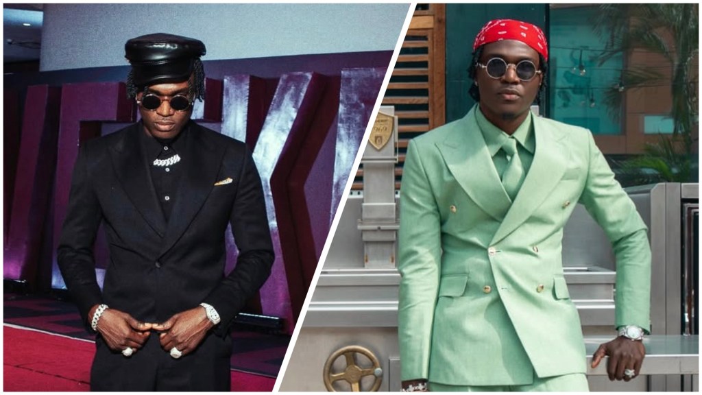 Nigerian singer Spyro dressed in a black suit with a leather cap and sunglasses in one image, and in a mint green double-breasted suit with a red bandana and sunglasses in another.