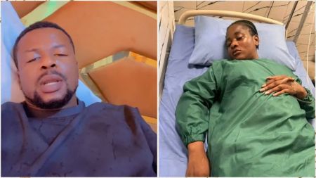 Nigerian entertainer Stanley OnTop and reality TV star Phyna pictured in hospital beds; Stanley appears in a resting position while Phyna is seen lying down in a green hospital gown with her hand placed on her stomach.