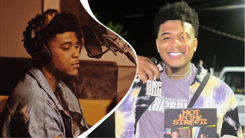 Rapper T-Hood pictured in a recording studio wearing headphones and a denim jacket, and later smiling while holding a “Hot in the Streetz” cover and showing off his SOG chain.