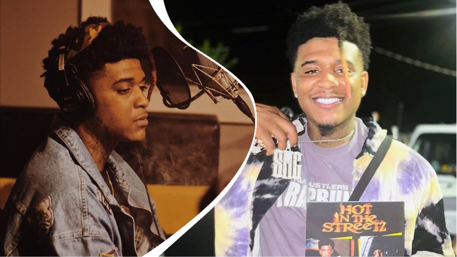 Rapper T-Hood pictured in a recording studio wearing headphones and a denim jacket, and later smiling while holding a “Hot in the Streetz” cover and showing off his SOG chain.