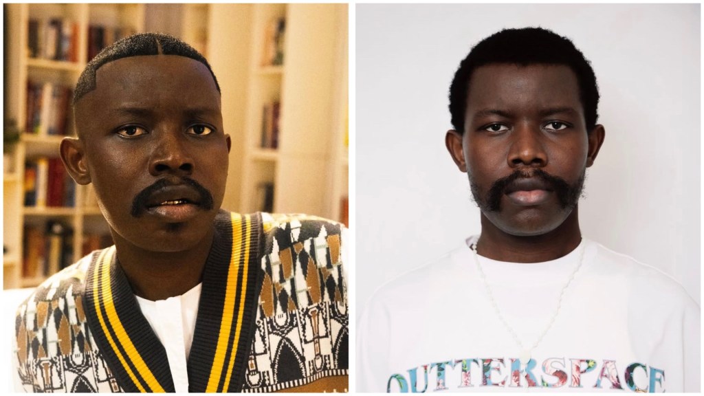 Nigerian music video director TG Omori in two portraits — one wearing a patterned sweater over a white shirt, and another in a white “OUTTERSPACE” T-shirt with a beaded necklace.