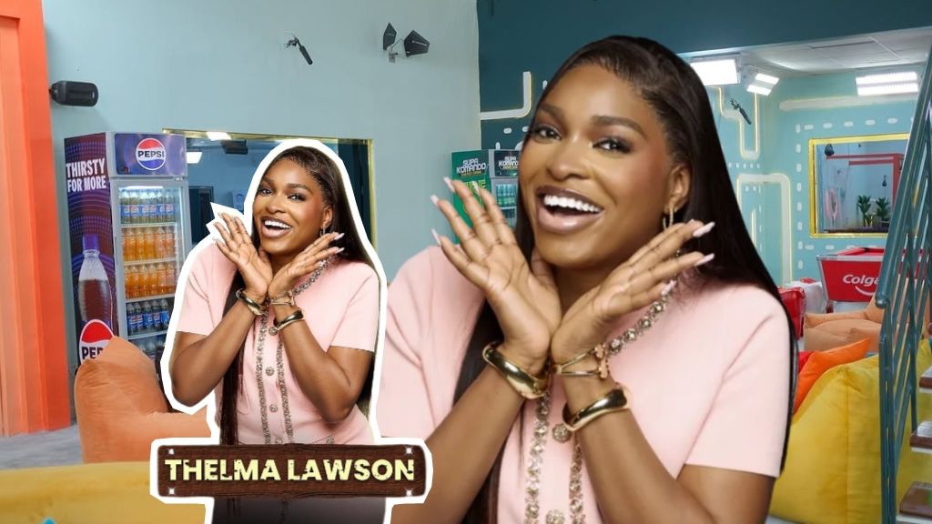 BBNaija Season 10 housemate Thelma Lawson smiling and posing playfully inside the Big Brother Naija house.