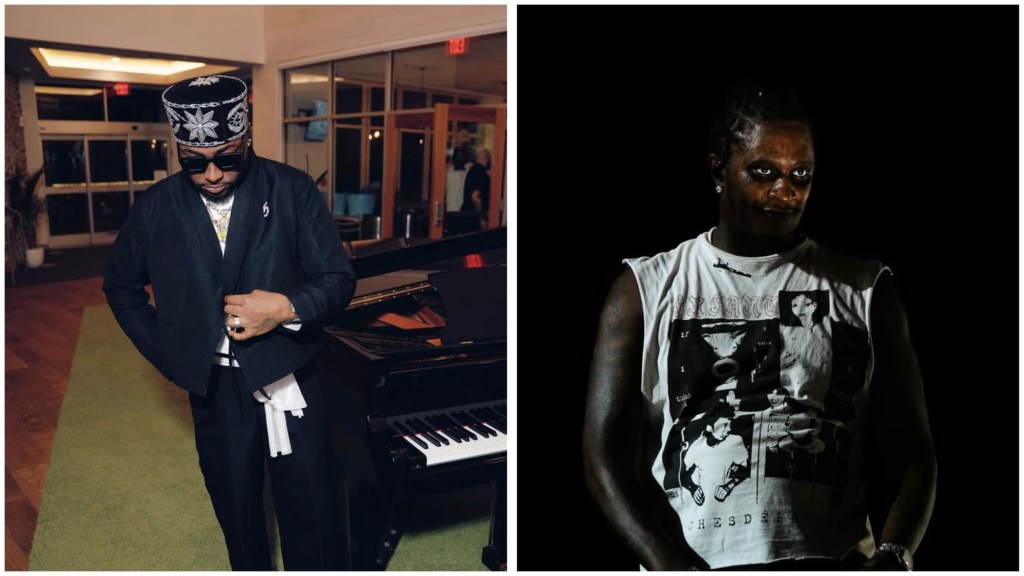 Davido in a black outfit and embroidered cap standing by a piano; Young Thug in a sleeveless graphic T-shirt against a dark backdrop