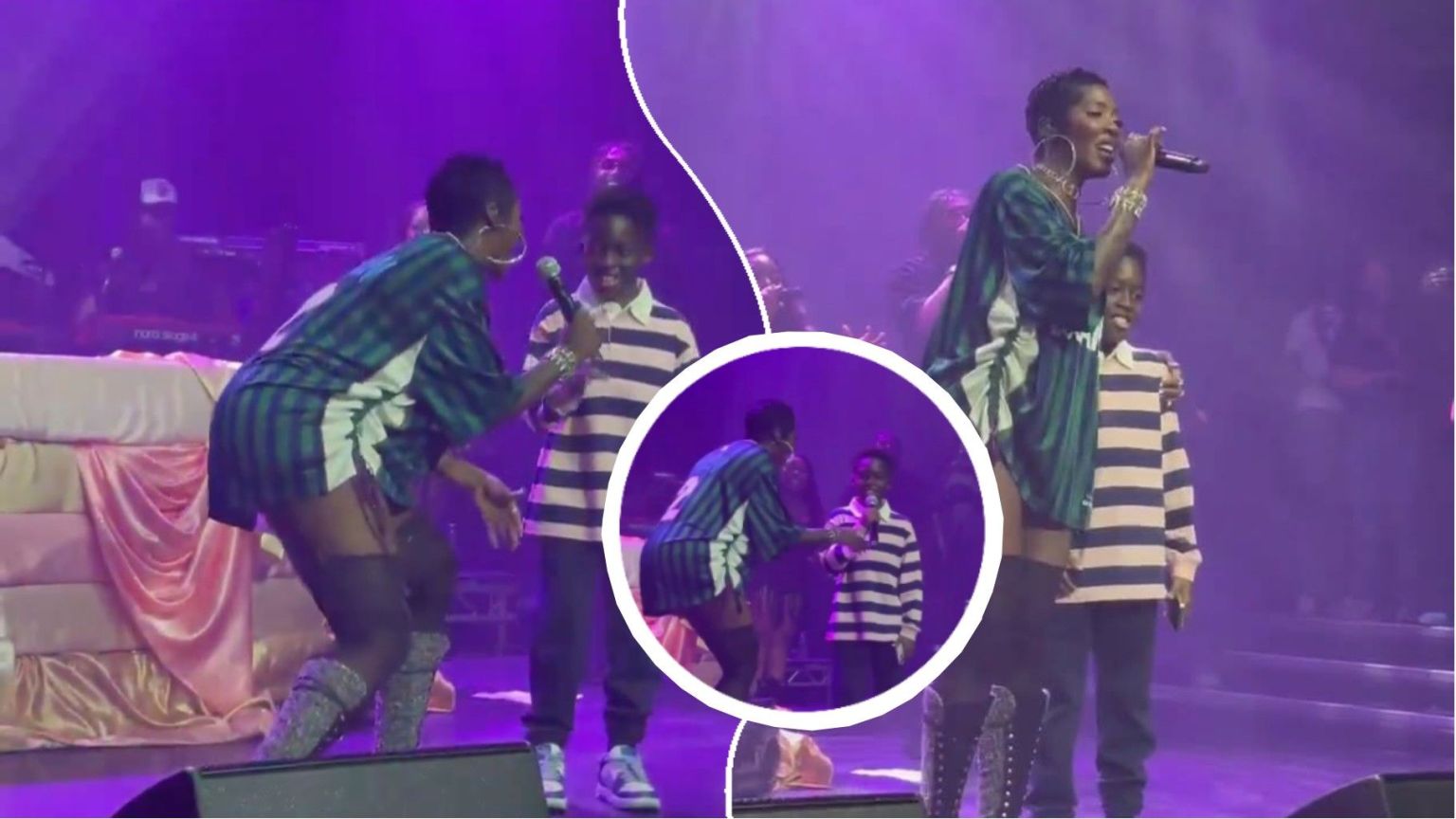 Nigerian singer Tiwa Savage performs on stage in London while her son, Jamil, joins her for a surprise moment. The mother and son are seen smiling and sharing the microphone during the live concert.