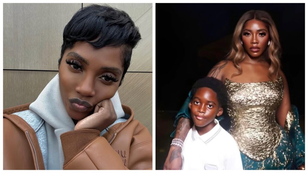 Tiwa Savage in a close-up shot and posing with her son Jamil Balogun at an event.